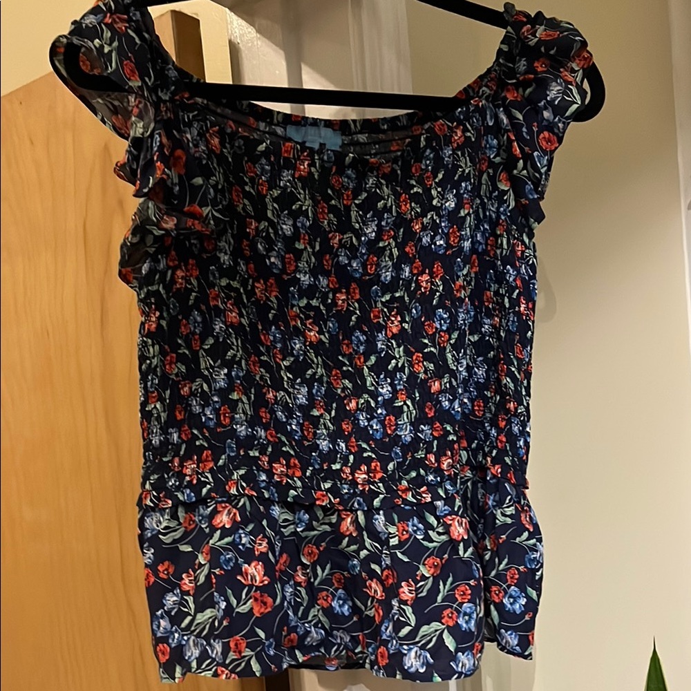 Draper James Navy and Red Floral Blouse